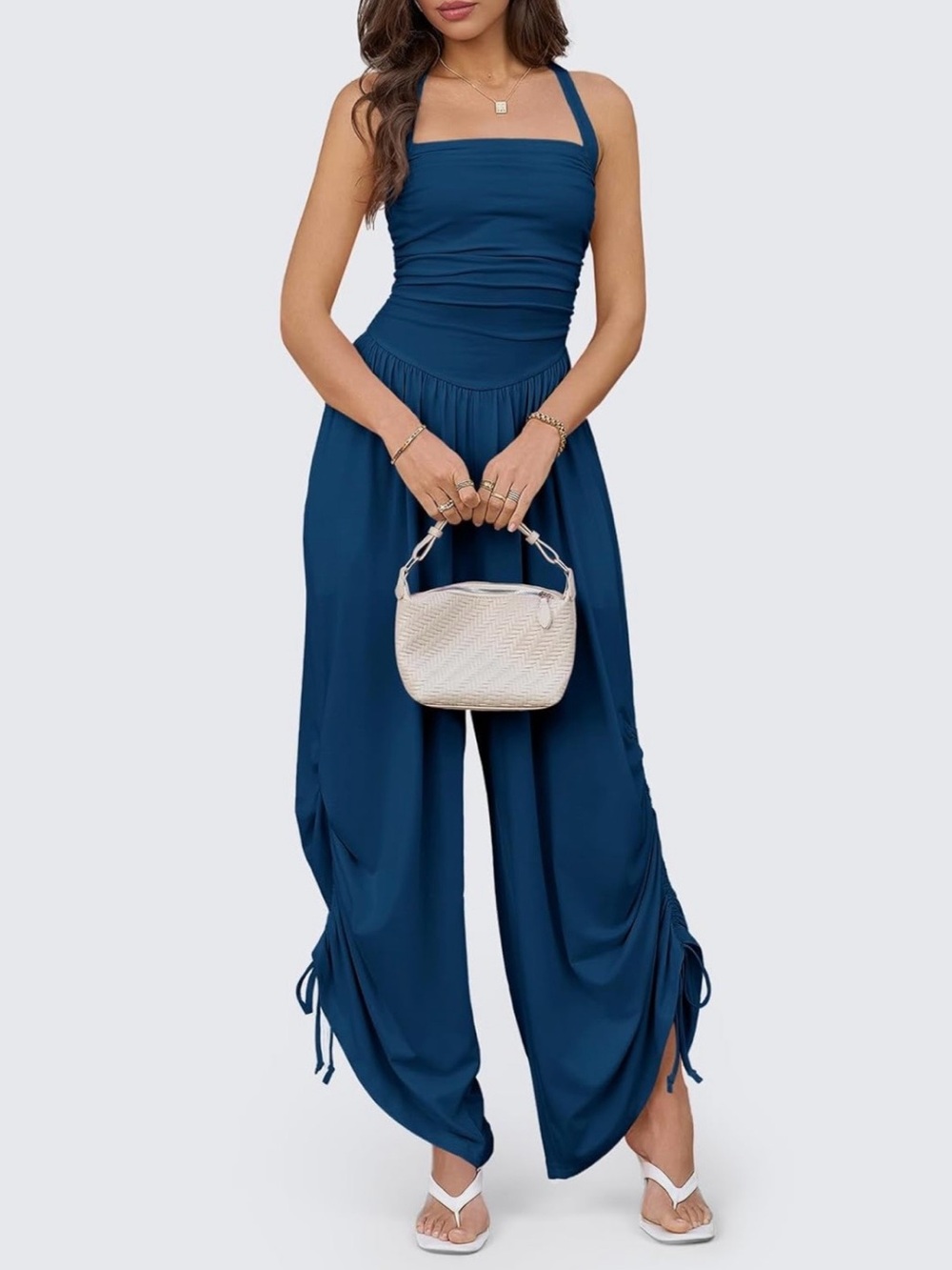 Amazon halter Scoop-Neck Navy Wide-Leg Jumpsuit with Side Ties